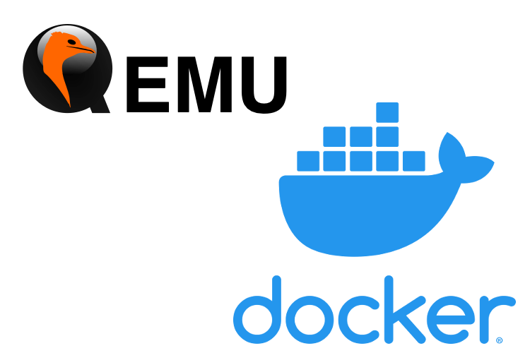 QEMU and Docker logos.